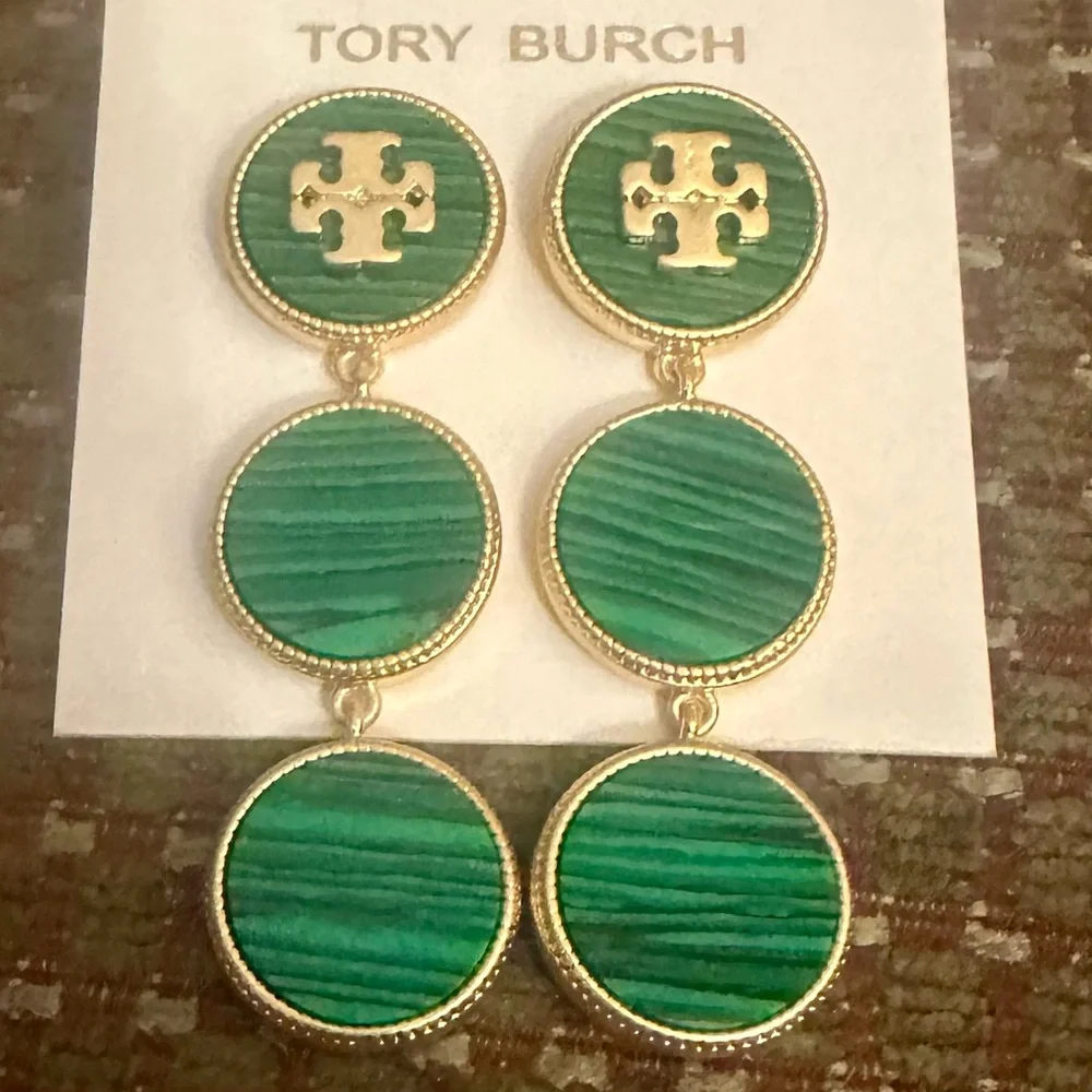 Tory Burch Gold and Green Triple Disc Drop Earrings